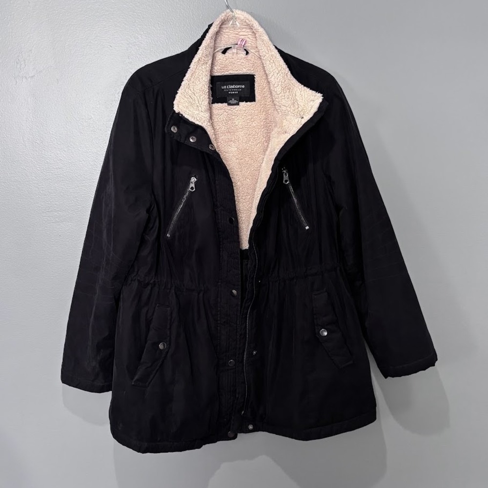 Liz Claiborne Parka Jacket Wmns 1X Black Sherpa Collar Cinched Waist Anorak Coat - Picture 2 of 8